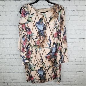 FOREST LILY | peacock long sleeve ruffle peekaboo cutout shoulder sheath dress